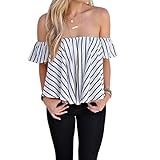 Lisingtool Women's Off Shoulder Stripe Casual Blouse Shirt Tops (M, White)
