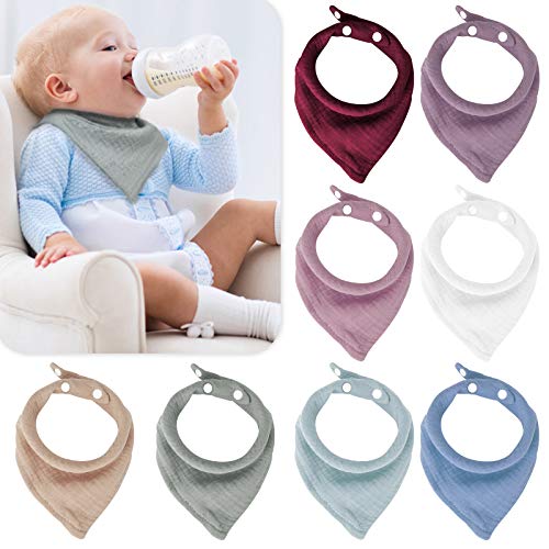 Baby Bandana Bibs, Muslin Drool Bibs for Baby Boys & Girls, Soft/Absorbent Organic Snap Bibs for Unisex Babies/Infant/Newborn, Neutral Solid Colors - 8 Pack