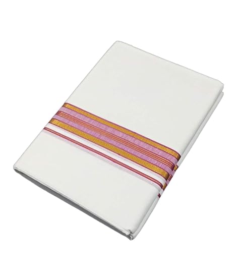 Traditional Men's Pure Cotton Double Dhoti, Lunge. with Attractive Purple Pink Border (White, Free Size)