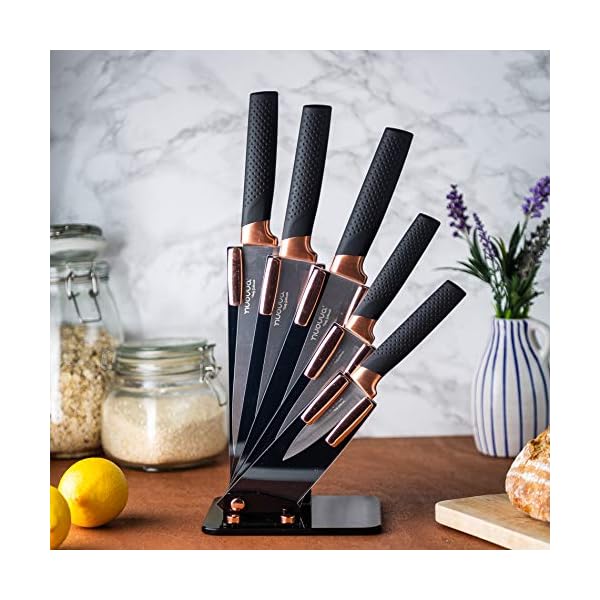 Kitchen Knife Block Set Copper 5 Piece Set with Knives Clear Acrylic Block Stainless Steel Blades - by Nuovva