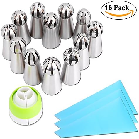 Russian Ball Tips, PROMENE Russian Sphere Ball Icing Tips Nozzles Cake Decorating Supplies Cookies Macaron Cupcake Decorating Tips Kits with 3 Reusable Silicone Pastry Bag (12 Sets)