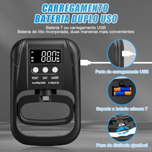 120 kg Testador de Força de Aderência com Visor LCD, Dinamômetro de Aderência de Mão, Testador Eletrônico de Força de Aperto de Mão, Treinador de Dinamômetro para Medição Manual, Dinamometro