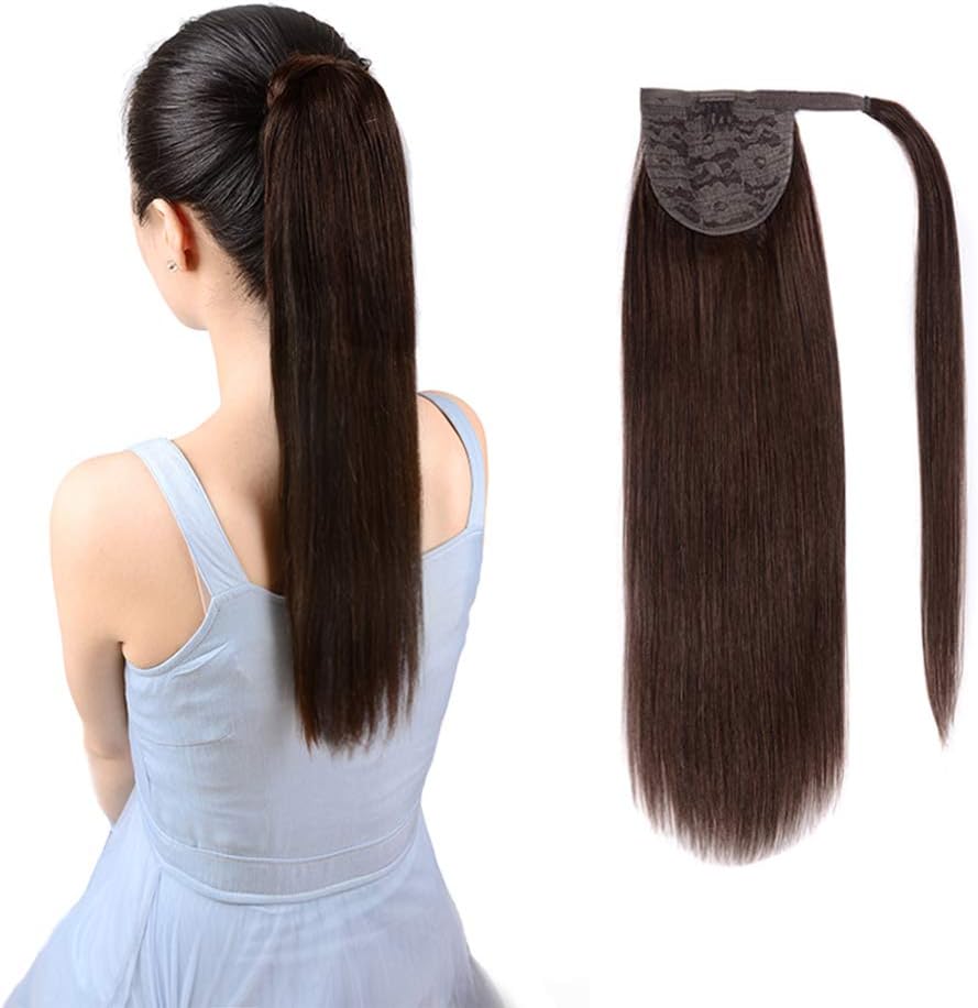 Ponytail Extension Real Human Hair Clip in 18 Inch #2 Dark Brown 85g Wrap Around Remy Ponytail