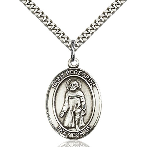 Custom Engraved Sterling Silver St. Peregrine Laziosi Pendant 1 x 3/4 inches with Heavy Curb Chain