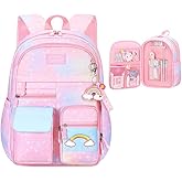 ETAISHOW Gradient Rainbow Kids Backpack for Girls Elementary School Heart-Print Kids Bookbag School Bag with Compartments