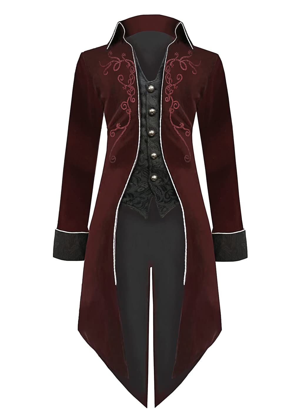 Sangdut Men’s Medieval Steampunk Tailcoat Jacket, Male Victorian Renaissance Gothic Retro Vintage Embroidery Coat Halloween Party Cosplay Pirate Vampire Gentleman Costumes for Adult (Red, S)