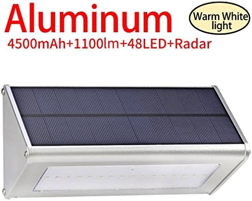 Solar Lights Outodoor--2018 NEWEST! 1100 Lumens 48 LED 4500mAh Wireless Waterproof Aluminum Alloy Housing, Radar Motion Sensor Light for Step, Garden, Yard, Deck (warm white)