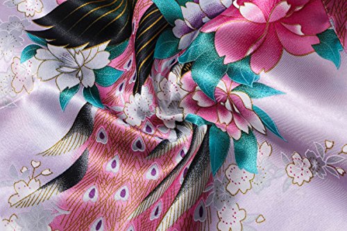 Yukata Women's Short Kimono Robe, Peacock&Blossom Design, Lavender XL