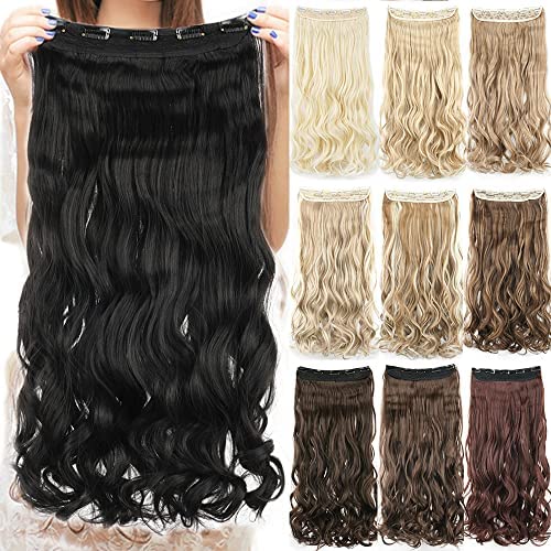 IMISSU Long Natural Thick Hair Curly Clip in on Synthetic Hair Extensions Hairpieces for Women (24 Inch,Jet Black)