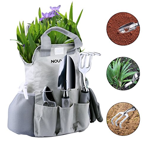 NOUVCOO Upgraded Garden Tool Set with Plant Ties,10 Pieces Stainless Steel Hand Tool Kit,Durable Storage Tote Bag,Pruner,Shovel,Fork,Rake,Shears,Weeder,Gloves,Water Sprayer,Plant Ties NC24