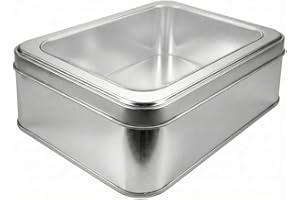 hadaaya Silver Rectangular Tin Container With Clear Lid, Single Piece Multipurpose Tin, Christmas Gifting Tin Box for Gift Giving, Cookies, Stationery & More - 7.25 x 5.25 x 2.25 Inches