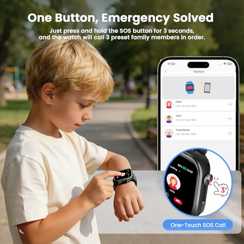 4G Montre Connectée Enfant, Montre Telephone Enfant avec GPS, Double Caméra, Appel Vidéo, Chat Vocal, SOS, Mode Classe, Lampe Torche, IP68, Podomètre, Cadeau pour Garçons Filles, Noir, Garantie 3 Ans