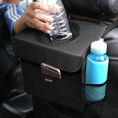 Car Trash Bag Normei Waterproof Car Garbage Can with Lid and Storage Pockets, Collapsible Car Trash Can with Adjustable Strap Fits to Headrest Black