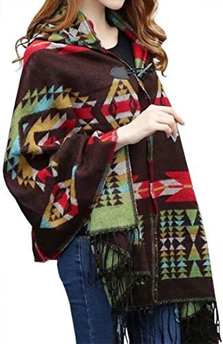 MASKAZU Women's Boho Tribal Tassel Geometric Print Cape Scarf brown