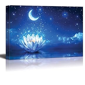 Canvas Prints Wall Art - Lotus Flower Floating on Water by Moonlight | Modern Wall Decor/Home Decoration Stretched Gallery Canvas Wrap Giclee Print. Ready to Hang - 12" x 18"