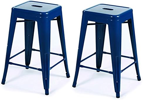 Asense 24-inch Height Tolix-Style Backless Barstools Glossy Metal with Square Seat Chair Counter Stool (Set of 2) (Royal Blue)