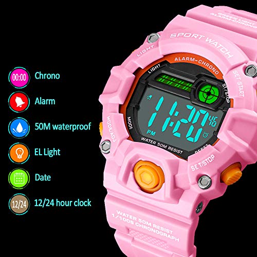 Venhoo Kids Digital Watches Outdoor Sport Waterproof Electronic LED Alarm Stopwatch Wrist Watch for Kids Girls-Pink