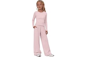 Girls 2 Piece Outfits Kids Casual Athletic Sweatsuit Teens Long Sleeve Crop Top Wide Leg Pants Tracksuit Cute Plain