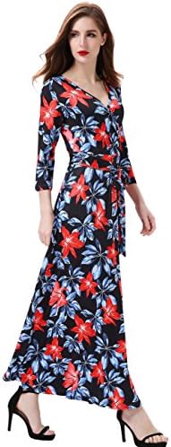 Melynnco Women's Floral Print 3/4 Sleeve Faux Wrap V Neck Maxi Dress Summer Medium Black