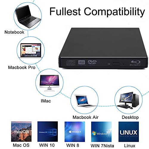 External Blu Ray Drive, USB 2.0 CD DVD Portable Burner Slim Disk Player Writer Reader for Windows XP/7/8/10, MacOS, Linux for Notebook MacBook, Laptop, Desktop (Black)