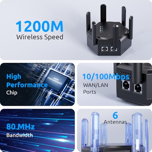 1200Mbps Dual Band (5GHz/2.4GHz) WiFi Extender Signal Booster,WiFi Repeater Covers Up to 12880Sq.ft and 60 Devices,Internet Booster with Ethernet Port for Home Wireless (Black)