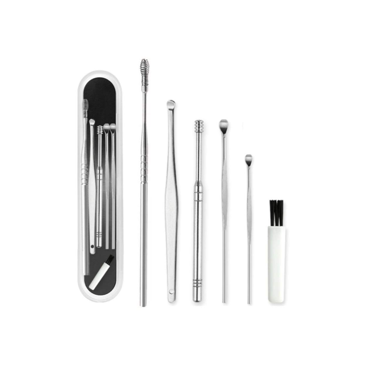 JZK 5 pcs Ear Cleaner Stainless-Steel Set with box, Ear wax Curette, Ear Cleaning Tool, Stainless Steel Ear wax Remover spiral, Professional Ear Cleaner Set with Storage (Silver)