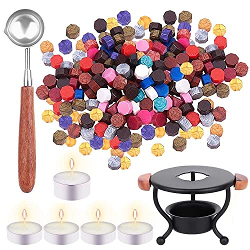 CRASPIRE 8PCS Wax Seal Kit, Wax Seal Warmer Melting Spoon Kit Melting Furnace Tool 100PCS Wax Seal Beads Metal Spoon Holder White Tea Candle for Melting Wax Seal Sticks Beads