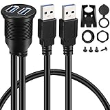 BATIGE 2 Ports Dual USB 3.0 Male to USB 3.0 Female AUX Flush Mount Car Mount Extension Cable for Car Truck Boat Motorcycle Dashboard Panel - 3ft