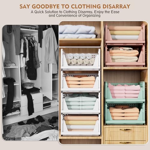 SNSLXH 5 Pack White Stackable Closet Organizer Box, Multifunctional & Foldable Storage Basket for Bathroom, Kitchen, Laundry Room, Wardrobe, Space-Saving Clothes Storage Drawer Organizer