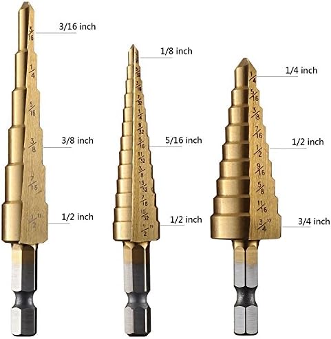 RUIMI Titanium Step Drill Bit Spiral Metric Sizes 3Pcs (Step Bits 3/16'' - 3/4")