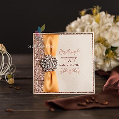 Elegant Gold Glitter Wedding Invitations Card With Ribbon and Rhinestone Brooch Birthday Party & Baby Shower Invitations TKY315 sample (1)