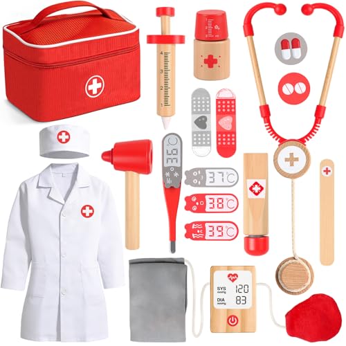 Doctor's Case Children from 3 Years, Toy from 3 Years, Wooden Doctor Case with Doctor's Coat, Doctor's Bag, Stethoscope, Thermometer, Role Play Children's Toy, Gift Children 3 4 5 Years Girls Boys