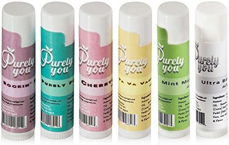 Purely You - All Natural Lip Balm Set of 6 - Vanilla, Peppermint, Raspberry, Cherry, Mint and Natural Flavor - with Shea Butter, Vitamin E, Aloe Vera - Natural Lip Care Conditions and Repairs Dry Lips