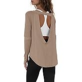 Tankaneo Womens Open Back Workout Shirts Casual Long Sleeve Boat Neck Tops Athletic Gym Yoga Tees with Thumb Holes
