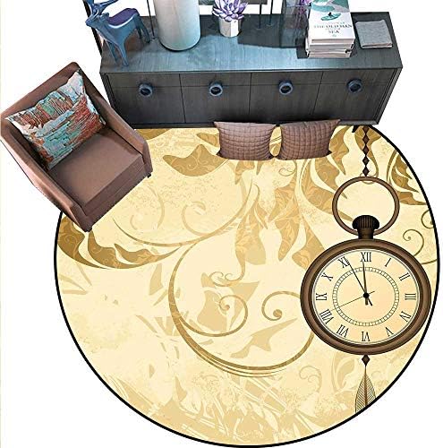 Clock Circle Rugs A Vintage Grungy Background Design with Pocket Watches on Chain Romantic Retro Art Print Living Dining Room Bedroom Hallway Office Carpet （4'6" Diameter） Brown