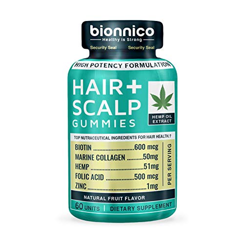 60 Hair Loss Gummies with Hemp-Biotin-Collagen-Zinc-Folic Acid // Hair Loss and Scalp Stimulating Formula - Scientifically formulated for Hair Regrowth, Hair Thickening and Scalp Skin Health.