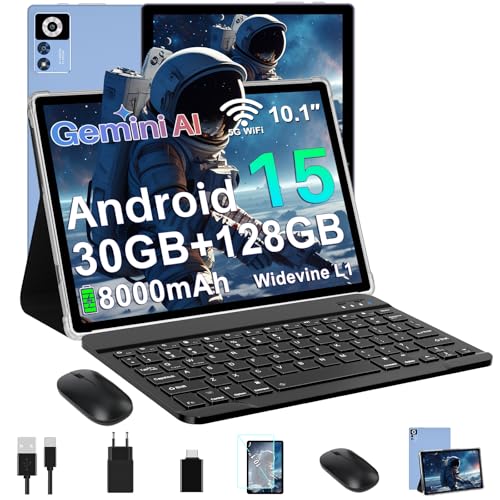 Android 15 Tablet 10.1 Zoll, Gemini AI Tablet mit Tastatur und Maus, Blau