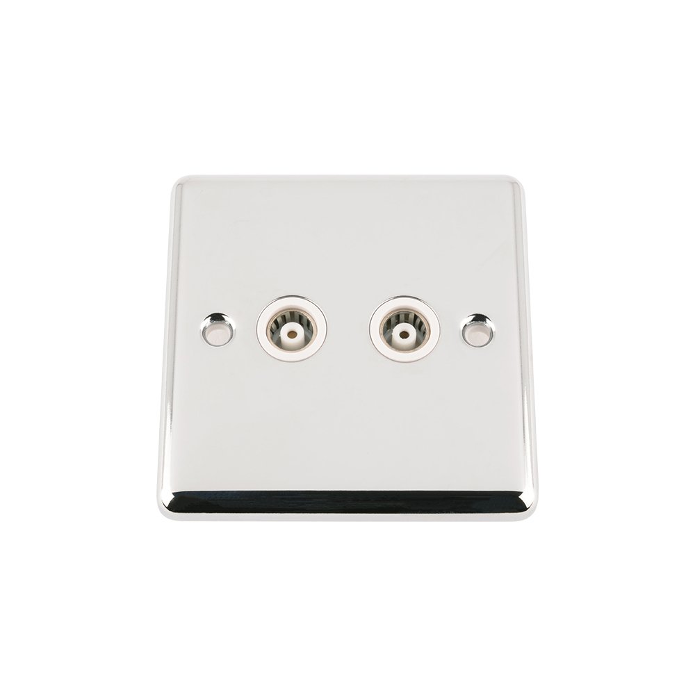 TV Wall Socket Double 2 Gang - Polished Chrome - Classic - White Insert - Coaxial Aerial Socket