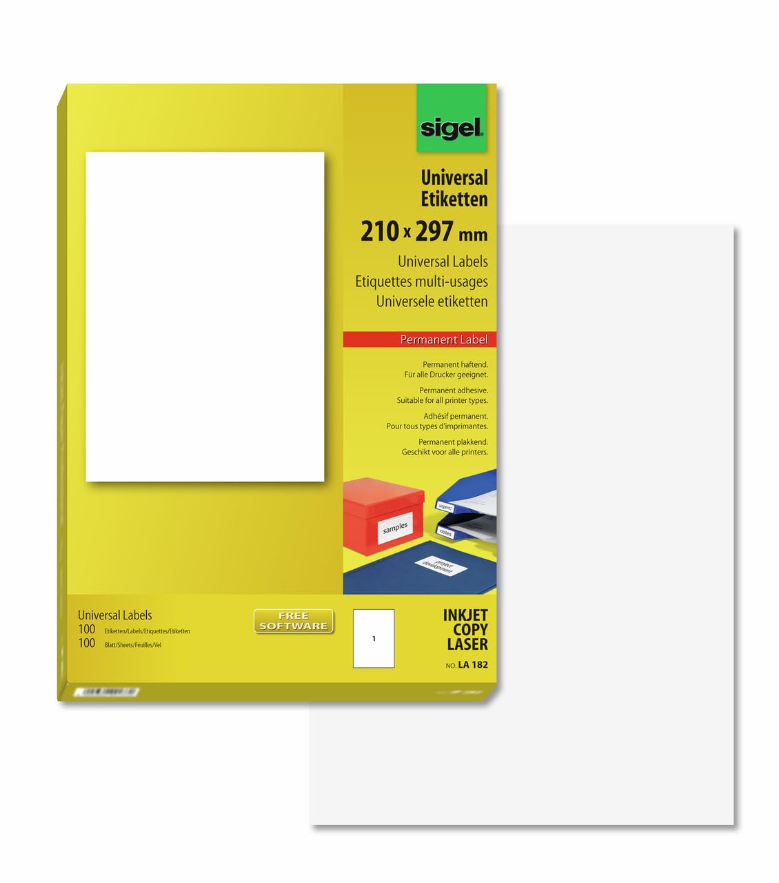 SIGEL LA182 Universal Permanent Labels, White, 21 x 29.7 cm, 100 lbl equal to 100 sheets, White