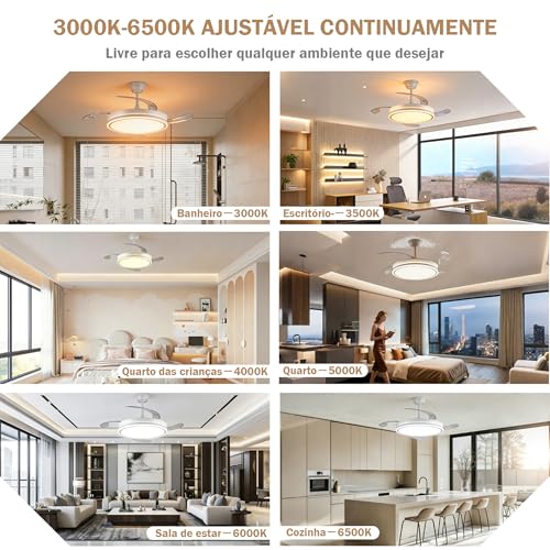 Ventilador de Teto Retrátil 42'' com Luz LED e Controle Remoto, Bivolt 110V/220V, Branco