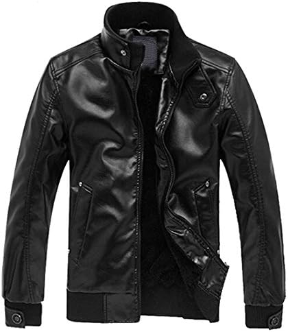 Orlando Johanson Comfortable Men's Solid Stand Collar Bomber Faux Leather Biker Jacket BlackUS Medium