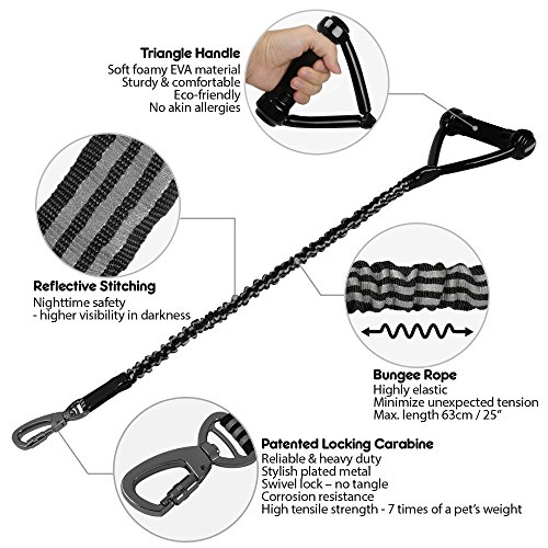 DOGNESS Shock Absorbing Dog Leash, Traffic Control Handle Available, Ultra Sturdy with Elastic Bungee Rope, 2 Handle Sizes for Male Female Walking Training Medium Large Dogs, 10” 25” Long and 3 Colors