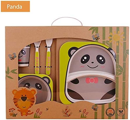 5 Pieces ​Kids Dinnerware Set - BPA Free Bamboo Bowl, Plate, Cup, Fork & Spoon Separated Feeding Tableware Suit for Children Toddler Infant Baby (Green- Panda)