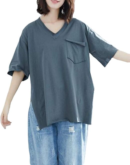 Amazon Gergeous半袖tシャツ レディース ゆったり ティーシャツ Vネック スリット ファッション ｔシャツ シンプル 快適 おしゃれ カットソー コットン 大きいサイズ 無地 夏 グレー Freesizeグレー Tシャツ カットソー 通販