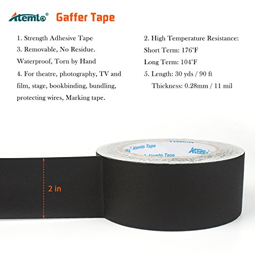Gaffer Tape, Atemto Stage Tape 2inch×30yards Black Professional Non reflective Heavy Duty Gaffer's Tape Replacement for Duct Tape