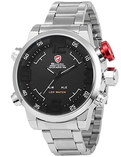 Shark men s led digital date day black dial alarm stain…