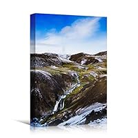 Canvas Wall Art Trickling Between Mountains Landscape Multicolor Photography Relax/Calm Traditional Waterfall - 12x18 inches