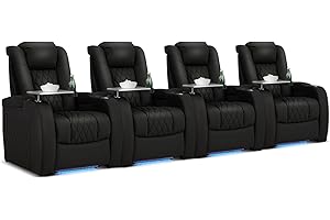 PBRO Home Theater Seating Genuine Leather Recliner Chair, Power Reclining & Headrest, USB A/C Charging Ports, Tray Table, Cup Holder Ambient Lighting 4 Sets Black