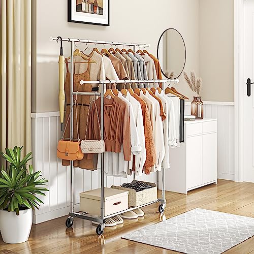 Simple Trending Double Rod Clothing Garment Rack, Rolling Clothes