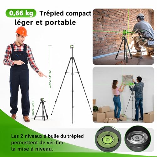 Niveau Laser Auto-nivelant avec 152cm Trépied, Huepar 30M Vert Croisée Laser à Ligne pour Accrochage de Tableaux, Rénovation de Maison, Projet d'Intérieur, Batterie et Sac de Transport